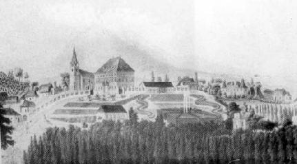 Kastély és park, metszet a XIX. század elején
